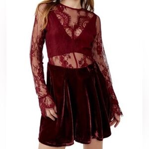 Free People Marlie Lace Mini Dress Garnet Velvet Sheer Bell Sleeve NWT M